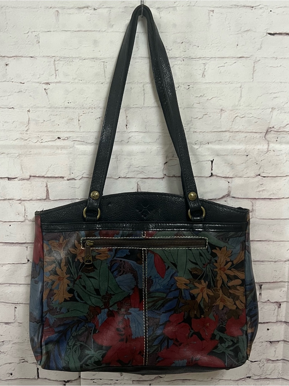 Patricia Nash POPPY Tote Blue Forest Leather Black trim Shoulder Bag Purse
